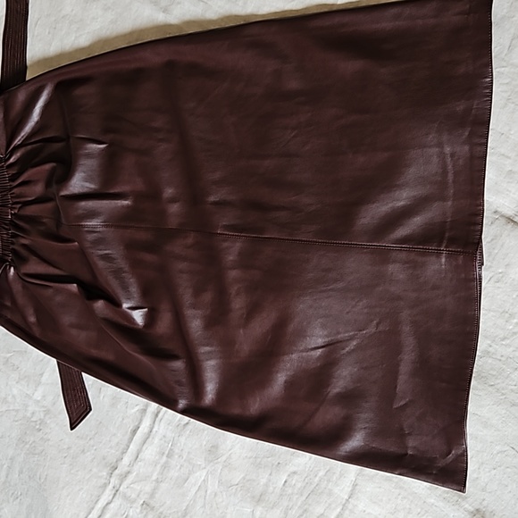 Faux Leather Wine Brown Belted Midi Skirt Snap Buttons Pencil Size Xsmall - Picture 14 of 17